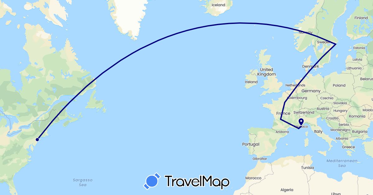 TravelMap itinerary: driving in France, Monaco, Sweden, United States (Europe, North America)